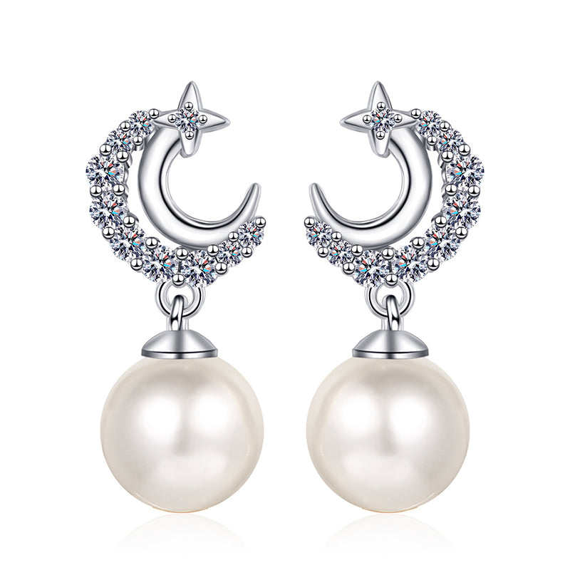 S925 Sterling Silver Star & Moon Stud Earrings - 0.35ct Moissanite & Freshwater Pearls