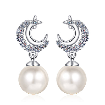 S925 Sterling Silver Star & Moon Stud Earrings - 0.35ct Moissanite & Freshwater Pearls