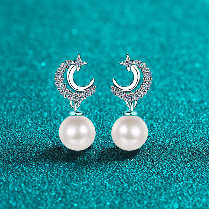 S925 Sterling Silver Star & Moon Stud Earrings - 0.35ct Moissanite & Freshwater Pearls