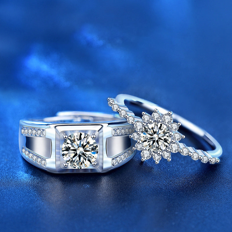 S925 Sterling Silver Sun Geometric Couple Rings - His 1ct & Her 0.5ct Moissanite White Gold Plated Unisex Wedding Bands (Size 5-8/Adjustable)