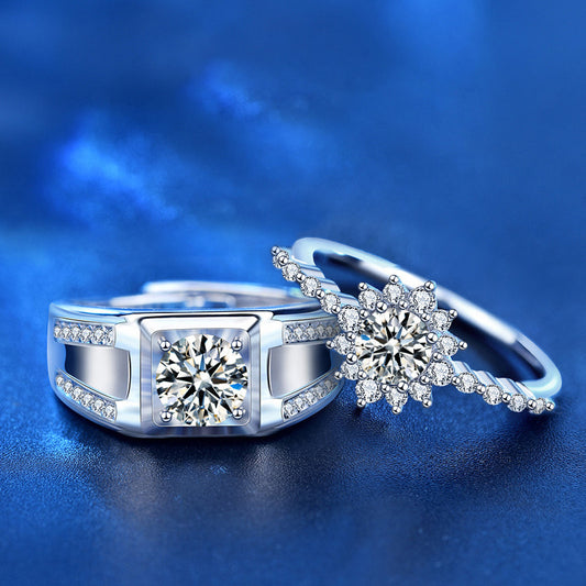 S925 Sterling Silver Sun Geometric Couple Rings - His 1ct & Her 0.5ct Moissanite White Gold Plated Unisex Wedding Bands (Size 5-8/Adjustable)