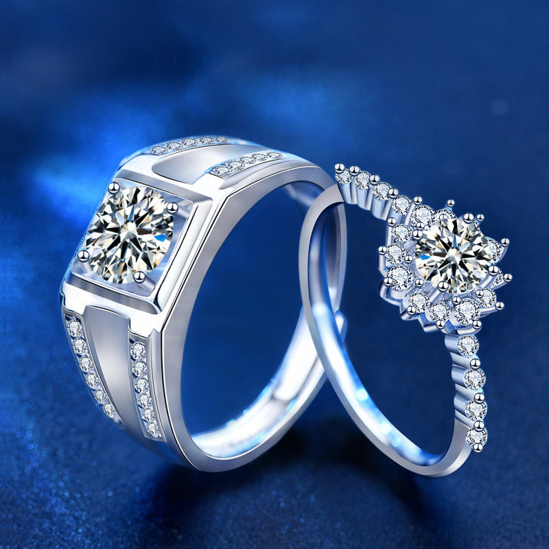 S925 Sterling Silver Sun Geometric Couple Rings - His 1ct & Her 0.5ct Moissanite White Gold Plated Unisex Wedding Bands (Size 5-8/Adjustable)