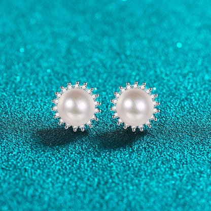 S925 Sterling Silver Sunflower Drop Earrings - 0.21ct Moissanite & 6-7mm Freshwater Pearls