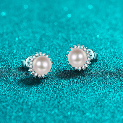 S925 Sterling Silver Sunflower Drop Earrings - 0.21ct Moissanite & 6-7mm Freshwater Pearls