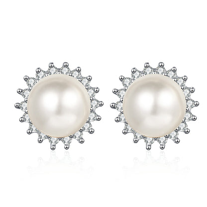 S925 Sterling Silver Sunflower Drop Earrings - 0.21ct Moissanite & 6-7mm Freshwater Pearls
