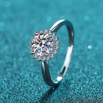 S925 Sterling Silver Sunflower PT950 Platinum Plated 1ct Moissanite Ring