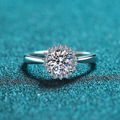 S925 Sterling Silver Sunflower PT950 Platinum Plated 1ct Moissanite Ring