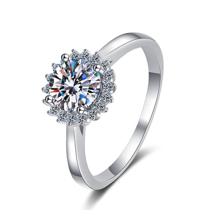 S925 Sterling Silver Sunflower PT950 Platinum Plated 1ct Moissanite Ring