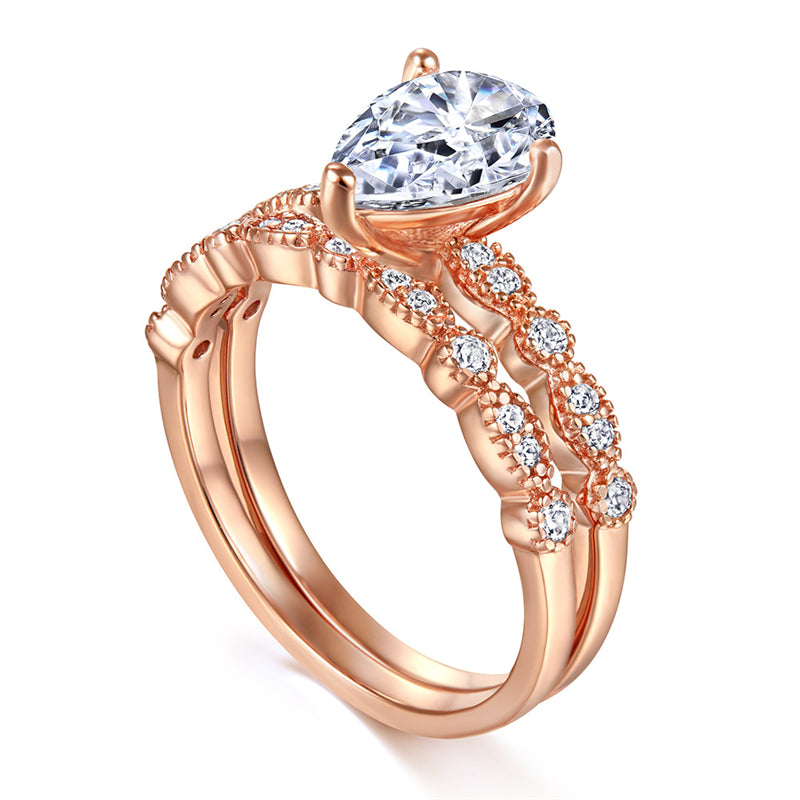 S925 Sterling Silver Teardrop Wedding Ring Set - Elegant Stackable Bridal Jewelry