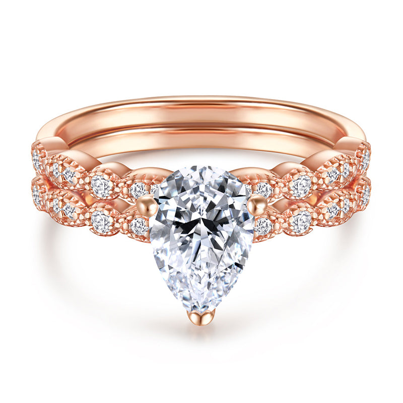 S925 Sterling Silver Teardrop Wedding Ring Set - Elegant Stackable Bridal Jewelry