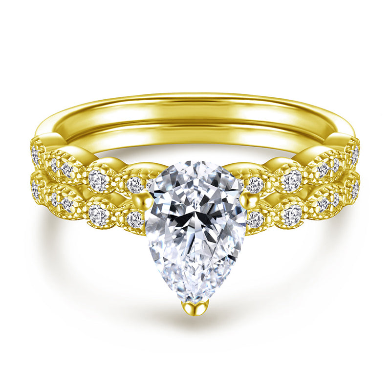 S925 Sterling Silver Teardrop Wedding Ring Set - Elegant Stackable Bridal Jewelry