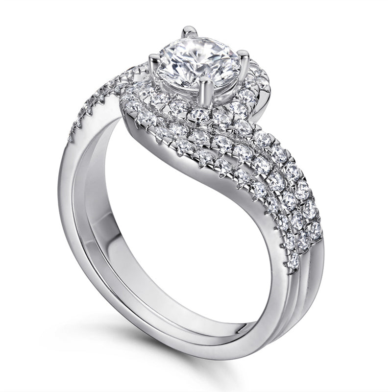 S925 Sterling Silver Twisted Halo Diamond Ring Set - Elegant Full Pavé Wedding Band