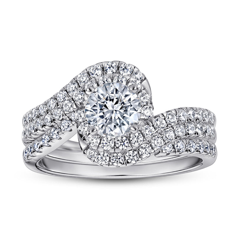 S925 Sterling Silver Twisted Halo Diamond Ring Set - Elegant Full Pavé Wedding Band