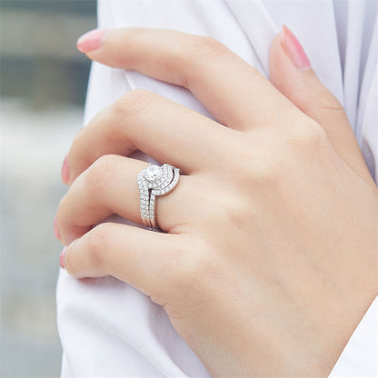 S925 Sterling Silver Twisted Halo Diamond Ring Set - Elegant Full Pavé Wedding Band