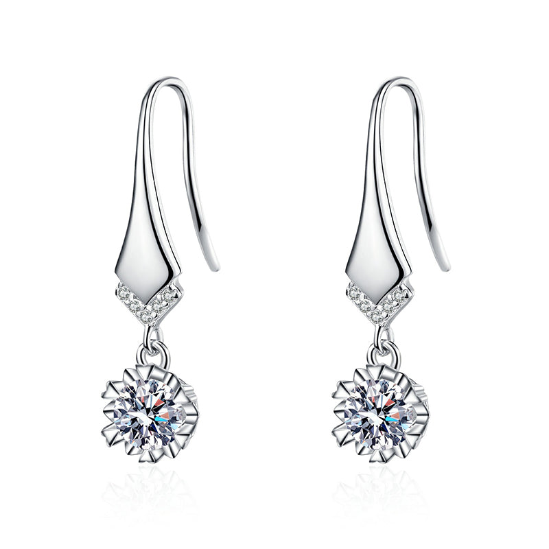 S925 Sterling Silver V-Shape Hook Earrings with Moissanite - Camellia & Tree Motif Elegant Dangle Earrings