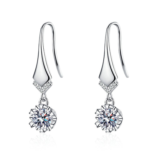 S925 Sterling Silver V-Shape Hook Earrings with Moissanite - Camellia & Tree Motif Elegant Dangle Earrings