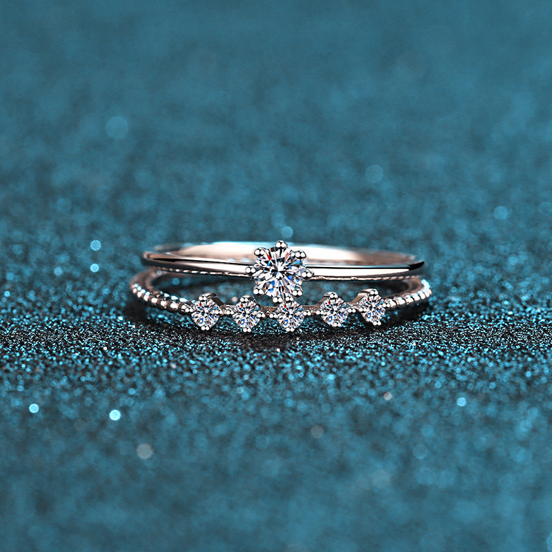 PT950 Plated S925 Sterling Silver Crown Ring with 10-Point Moissanite | Floral Camellia and Red Bean Design