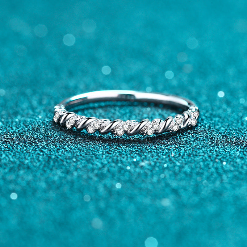 S925 Sterling Silver Wave Stacking Ring with 5.6-Point Moissanites | Cherry Motif Good Luck Ring