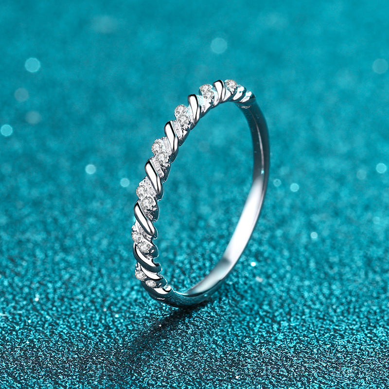S925 Sterling Silver Wave Stacking Ring with 5.6-Point Moissanites | Cherry Motif Good Luck Ring