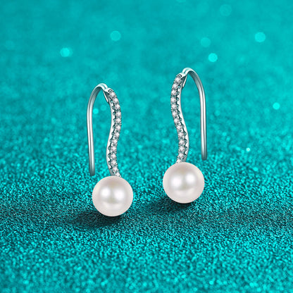 S925 Sterling Silver Wave Stud Earrings - 0.14ct Moissanite & 6-7mm Freshwater Pearls