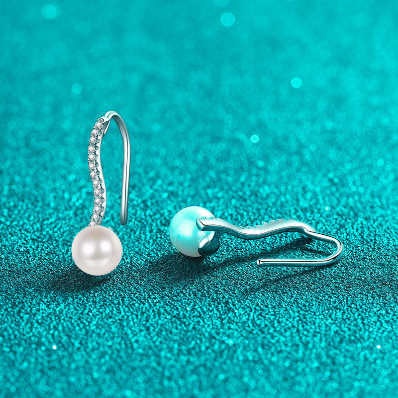 S925 Sterling Silver Wave Stud Earrings - 0.14ct Moissanite & 6-7mm Freshwater Pearls