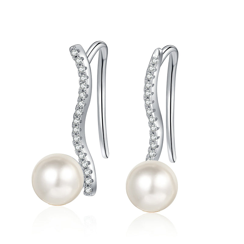 S925 Sterling Silver Wave Stud Earrings - 0.14ct Moissanite & 6-7mm Freshwater Pearls