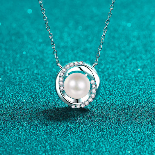 S925 Sterling Silver Whirlwind Pendant Necklace - 18-Point Moissanite & Pearl Elegant Layered Choker