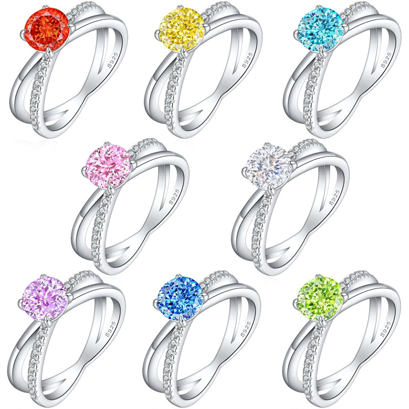 S925 Sterling Silver 1.2ct Flame-Cut Crossover Ring - 7×7mm Colored Gemstone Statement Jewelry