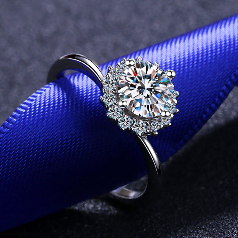 S925 Sterling Silver 1CT Moissanite 4-Prong Sunflower Engagement Ring - Lotus Pod & Red Bean Vintage Design