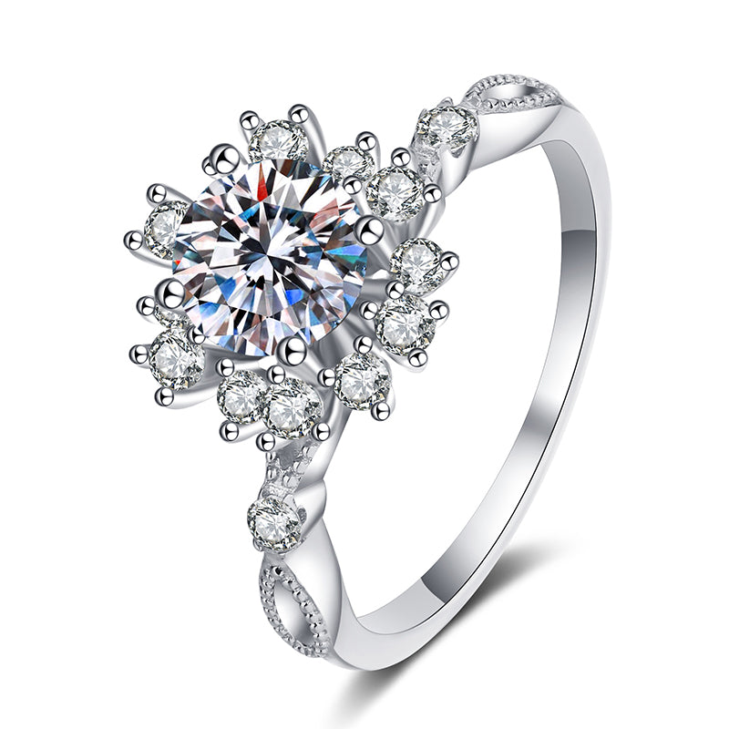 S925 Sterling Silver 1ct Moissanite Prosperity Flower Ring with Koi Motif