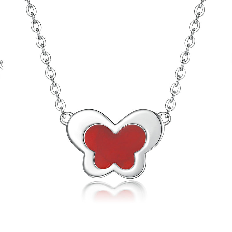 S925 Sterling Silver Butterfly Pendant Necklace - Elegant Red Agate & Zirconia Collarbone Chain