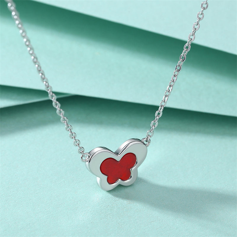 S925 Sterling Silver Butterfly Pendant Necklace - Elegant Red Agate & Zirconia Collarbone Chain