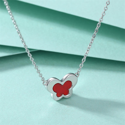 S925 Sterling Silver Butterfly Pendant Necklace - Elegant Red Agate & Zirconia Collarbone Chain