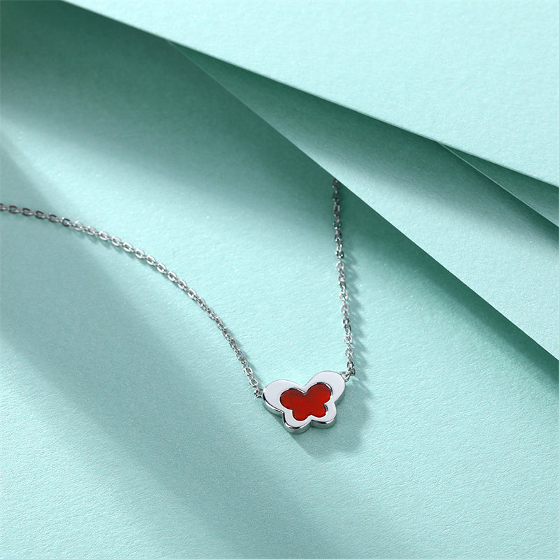 S925 Sterling Silver Butterfly Pendant Necklace - Elegant Red Agate & Zirconia Collarbone Chain