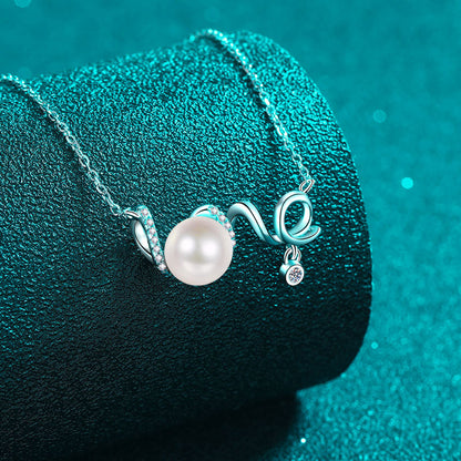 S925 Sterling Silver LOVE Pendant Necklace - 9.5-Point Moissanite & Pearl Wave-Design Layered Choker, Korean-Inspired Gift for Her