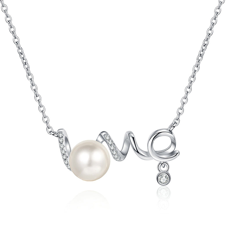 S925 Sterling Silver LOVE Pendant Necklace - 9.5-Point Moissanite & Pearl Wave-Design Layered Choker, Korean-Inspired Gift for Her