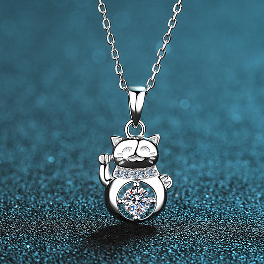 S925 Sterling Silver Lucky Cat Pendant Necklace - 0.3CT Moissanite Minimalist Collarbone Chain