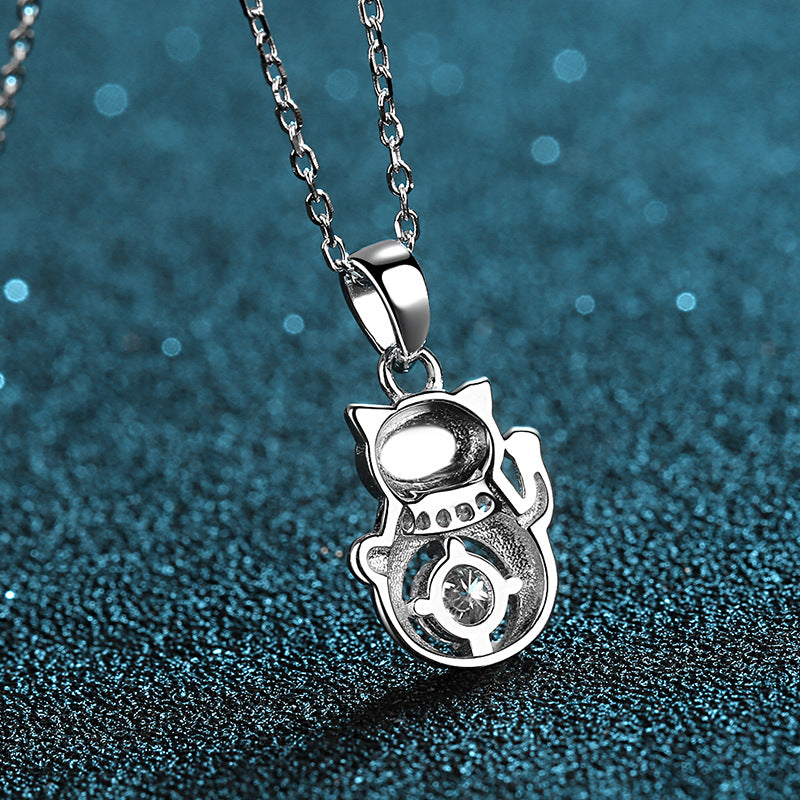 S925 Sterling Silver Lucky Cat Pendant Necklace - 0.3CT Moissanite Minimalist Collarbone Chain