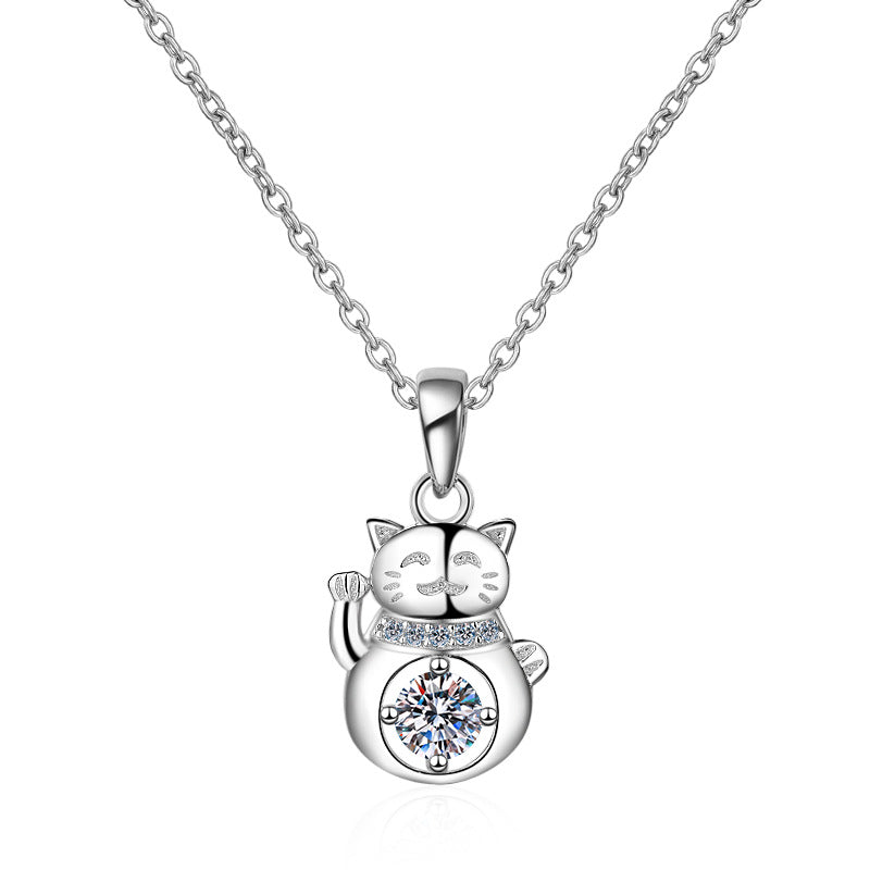 S925 Sterling Silver Lucky Cat Pendant Necklace - 0.3CT Moissanite Minimalist Collarbone Chain