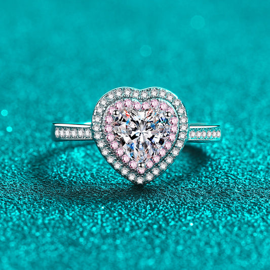 S925 Sterling Silver Matching Hearts 1ct Heart-Shaped Moissanite Ring