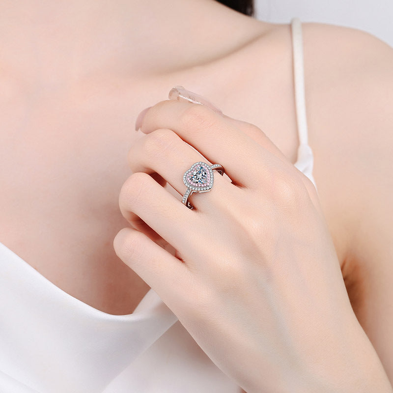 S925 Sterling Silver Matching Hearts 1ct Heart-Shaped Moissanite Ring