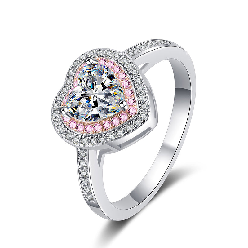 S925 Sterling Silver Matching Hearts 1ct Heart-Shaped Moissanite Ring