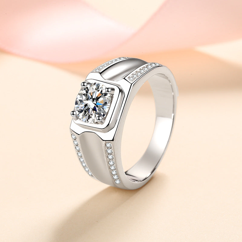 S925 Sterling Silver Men's Crown Style 1ct Moissanite Ring with Security Lock Motif
