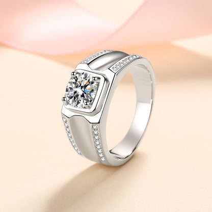 S925 Sterling Silver Men's Crown Style 1ct Moissanite Ring with Security Lock Motif