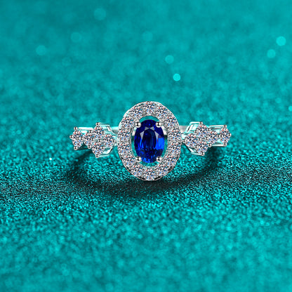 S925 Sterling Silver Oval Blue Moissanite Ring with Floral Motifs