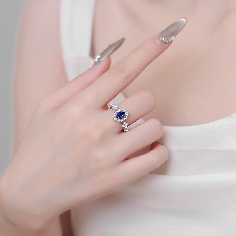 S925 Sterling Silver Oval Blue Moissanite Ring with Floral Motifs
