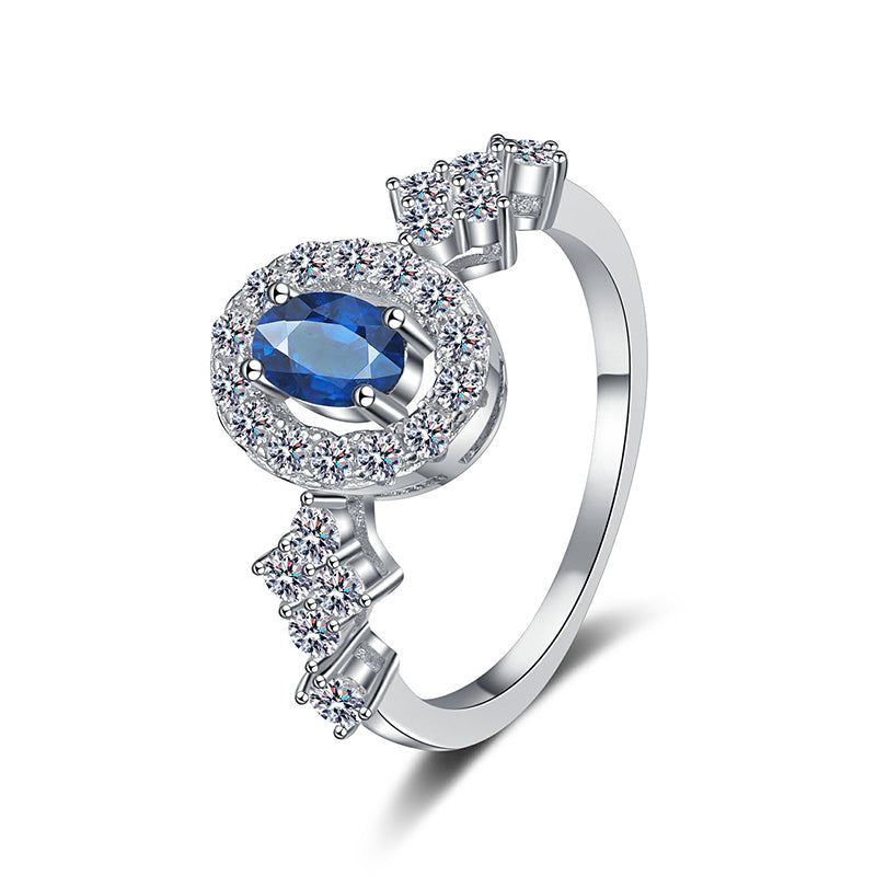 S925 Sterling Silver Oval Blue Moissanite Ring with Floral Motifs