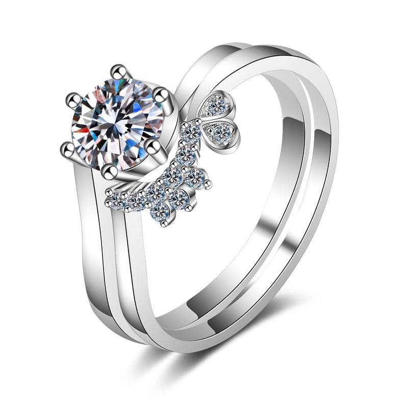 S925 Sterling Silver PT950 Gold Plated 2-Piece Moissanite Ring Set with Floral Motifs