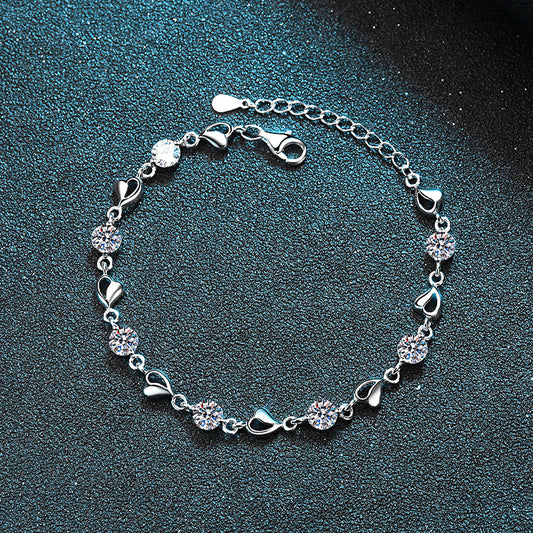 Minimalist Heart Shape Rhodium Plated Sterling Silver Bracelet - 3.5ct Moissanite or 5mm Zircon with Rose & Red Bean Design