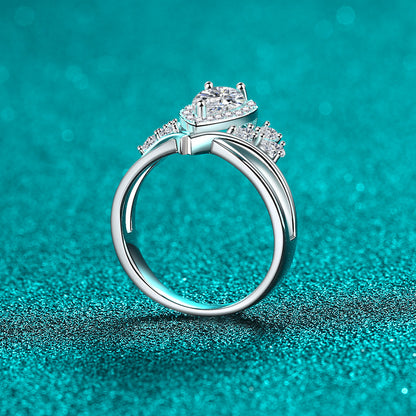 S925 Sterling Silver Pear-Shaped 1ct Moissanite V-Cut Openwork Ring with Fruit Motifs